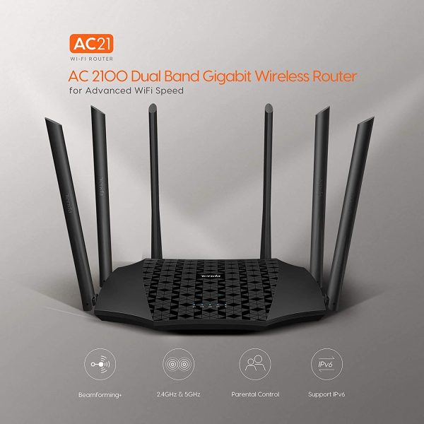 Tenda AC21 2100Mbps Dual Band Gigabit Wireless Router, MU-MIMO, Easy Setup, Supports Guest Network, Parental Control, Client Filter, IPv6 (Black)