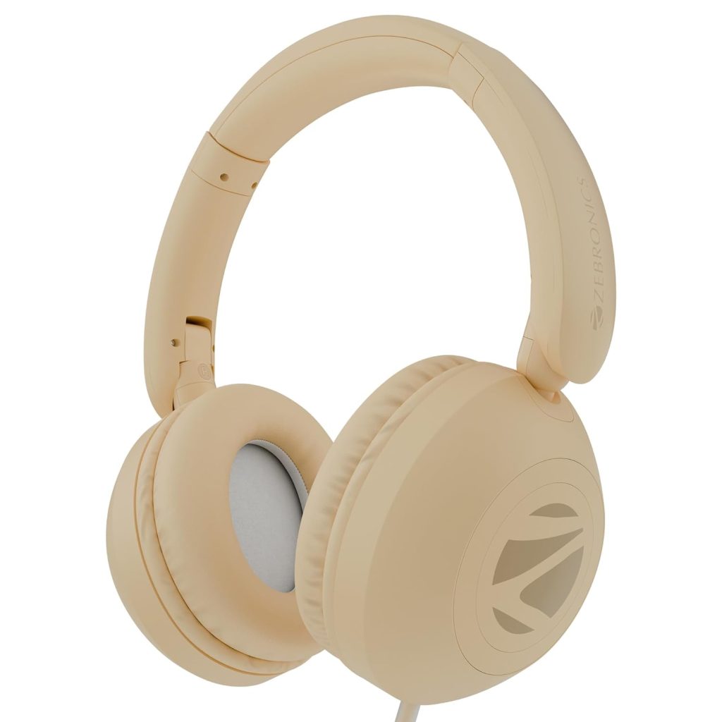 Zebronics Boom Wired Headphone, Over Ear, in-Line MIC, Foldable, 1.5 Meter Cable, for 3.5mm (Mobile | Tablet | Laptop | MAC), Soft Cushion, 40mm Drivers (Beige)