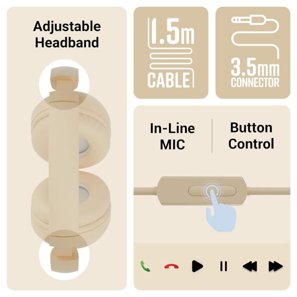 Zebronics Boom Wired Headphone, Over Ear, in-Line MIC, Foldable, 1.5 Meter Cable, for 3.5mm (Mobile | Tablet | Laptop | MAC), Soft Cushion, 40mm Drivers (Beige)