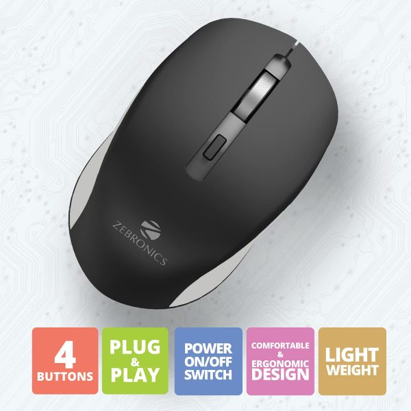 ZEBRONICS ZEB-JAGUAR Wireless Mouse, 2.4GHz with USB Nano Receiver, High Precision Optical Tracking, 4 Buttons, Plug & Play, Ambidextrous, for PC/Mac/Laptop (Black+Grey)