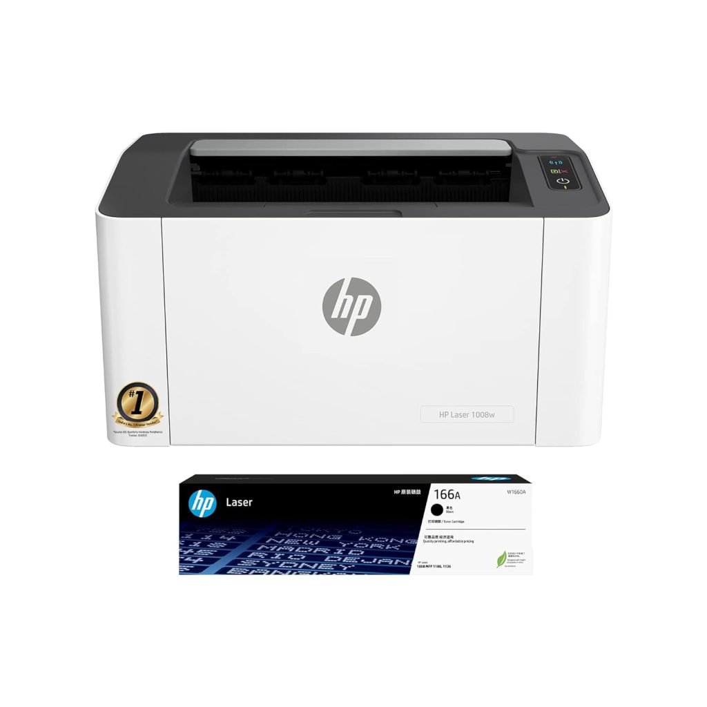 HP Laser 1008w Printer, Wireless, Single Function, Print, Hi-Speed USB 2.0, Up to 21 ppm, 150-sheet Input Tray, 100-sheet Output Tray, 10,000-page Duty Cycle, 1-Year Warranty, Black and White, 714Z9A