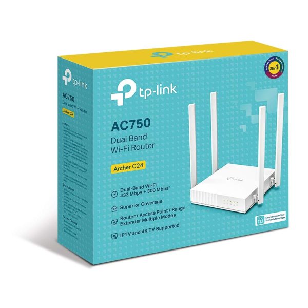 TP-Link Archer C24 AC750 Mbps Dual-Band, WiFi Wireless Router | Multi Mode | 4 Antennas | Ipv6 Supported | Parental Controls | Guest Network | Smooth HD Streaming, White