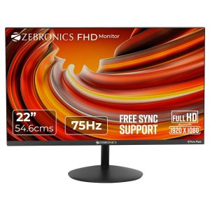 ZEBRONICS 22 inch 75Hz Monitor with FHD 1080p, Free sync Support, HDMI, VGA, 250 Nits max, 16.7M Colors, Built-in Speakers and Slim Bezel Less Design ZEB-S22A
