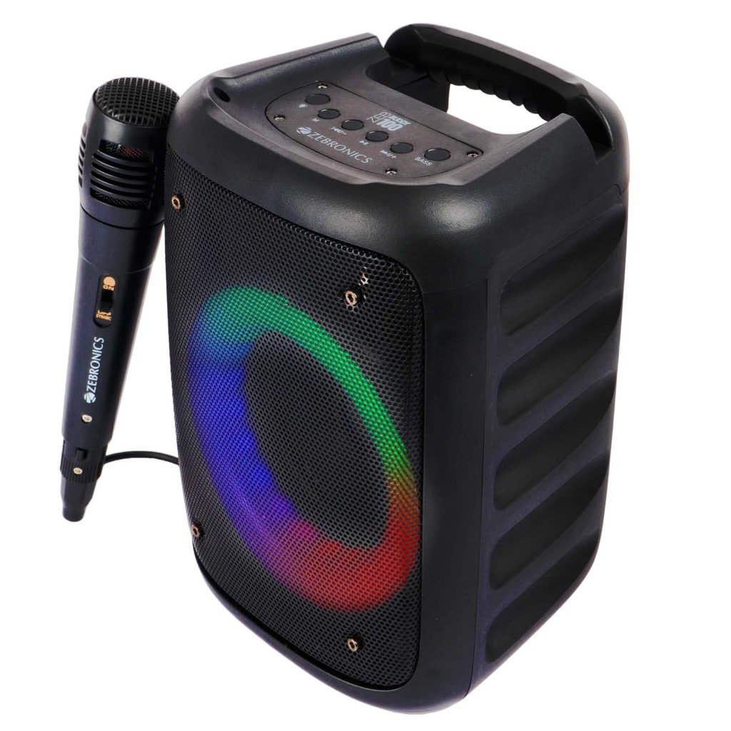 ZEBRONICS Zeb-Buddy 100 Portable BT v5.0 Speaker with TWS, 15W RMS, Wired mic Karaoke, 5H Backup, RGB LED, FM Radio, AUX, USB, Micro SD, Built in Rechargeable Battery and Mobile Holder, Black