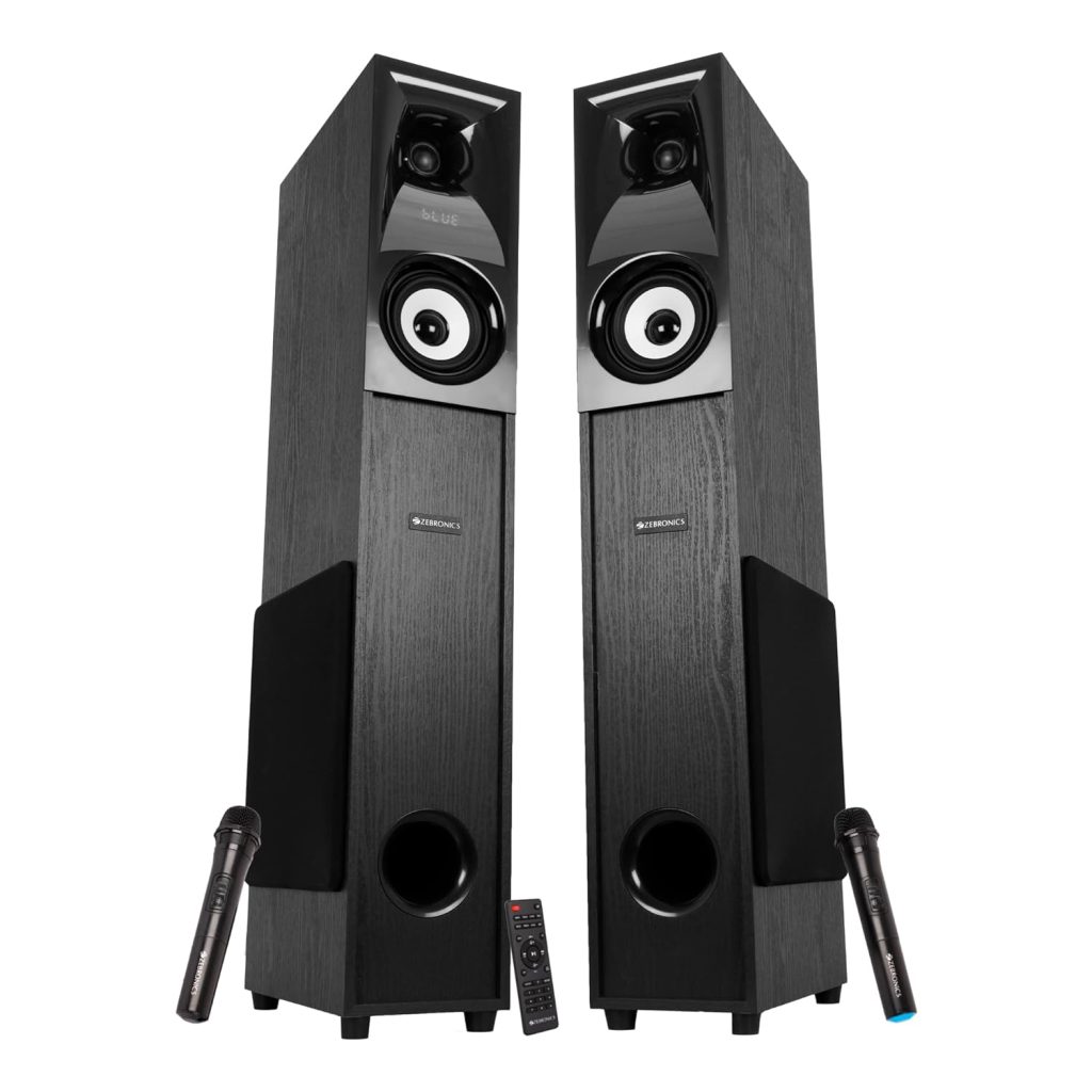 Zebronics Hammer Dual Tower Speaker with Powerful 160W RMS Output, Deep Bass, 10" Subwoofers, 2X Wireless mic, Karaoke, Bluetooth 5.0, LED Display, Remote Control, FM Radio & Glossy Finish