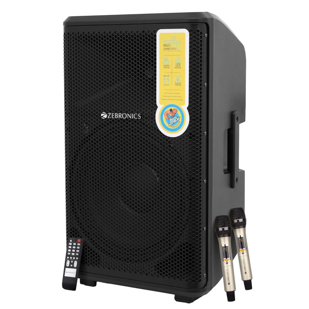 ZEBRONICS New Launch Epic Party DJ Speaker, 300 Watts, Supports Bluetooth, USB, mSD, AUX, Dual UHF Wireless MIC, Karaoke & Recording Function, Wired Mic & Guitar Input
