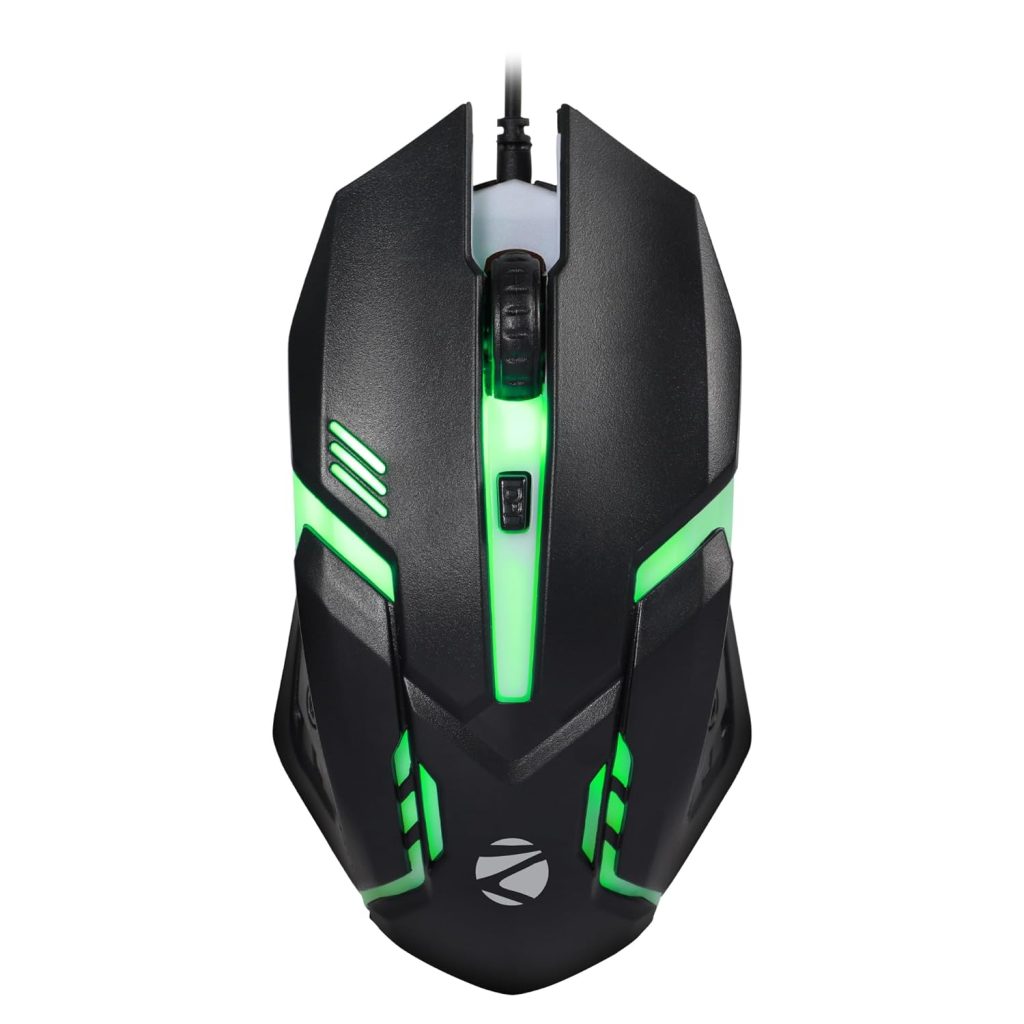 Roll over image to zoom in ZEBRONICS New Launch Uzi High Precision Wired Gaming Mouse with 4 Buttons, Rainbow LED Lights, DPI Switch with 800/1200/1600/2400 DPI, Plug & Play, 3 Million clicks, Lightweight Mouse