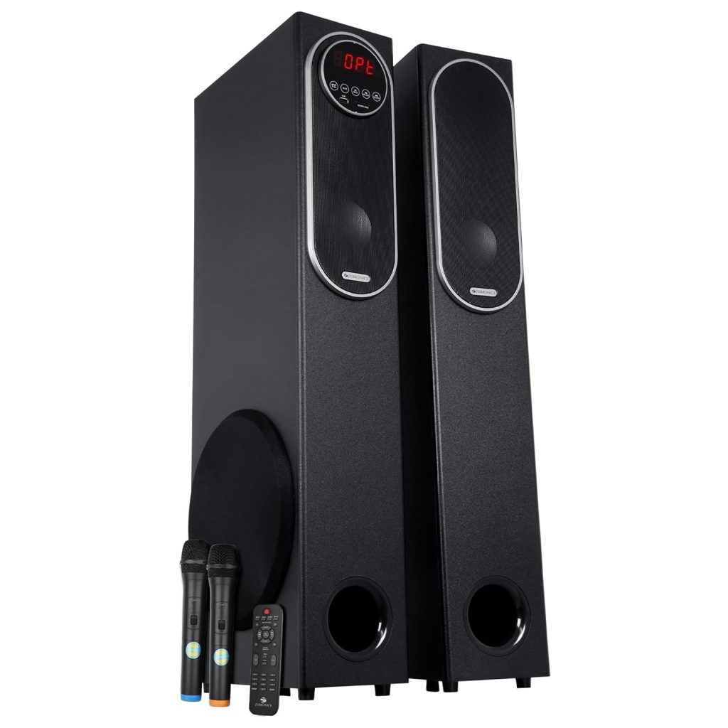 ZEBRONICS New Launch BTM9801RUCF 2.0 Tower Speaker, 120 Watts, Touch Control, HDMI ARC, Coaxial in, Supports Bluetooth, AUX, USB, SD, Karaoke, Dual Wireless Mic, Powerful Bass