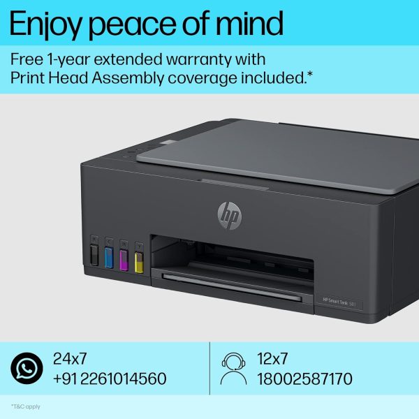 HP Smart Tank 581 All-in-one WiFi Colour Printer with 2 Extra Black Ink Bottles(Upto 18000 Black and 6000 Colour Prints)and 1 Year Extended Warranty with PHA Coverage.Print,Scan &Copy for Office/Home