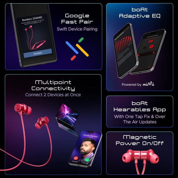 boAt Rockerz 255 ANC Bluetooth Wireless in Ear Earphones with 100 Hours Playback, Spatial Audio, 32dB ANC, ASAP Charge(10Mins=24HRS), 3 Mics AI ENx Tech,13mm Drivers & Dual EQ Modes(Magenta Pop)