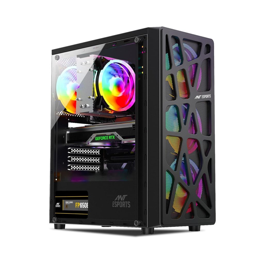 Ant Esports Elite 1100 Mid-Tower Computer Case/Gaming Cabinet - Black | Support ATX, M-ATX, ITX | Pre- Installed 3 x 120mm Front and 1 x 120mm Rear Rainbow Fans