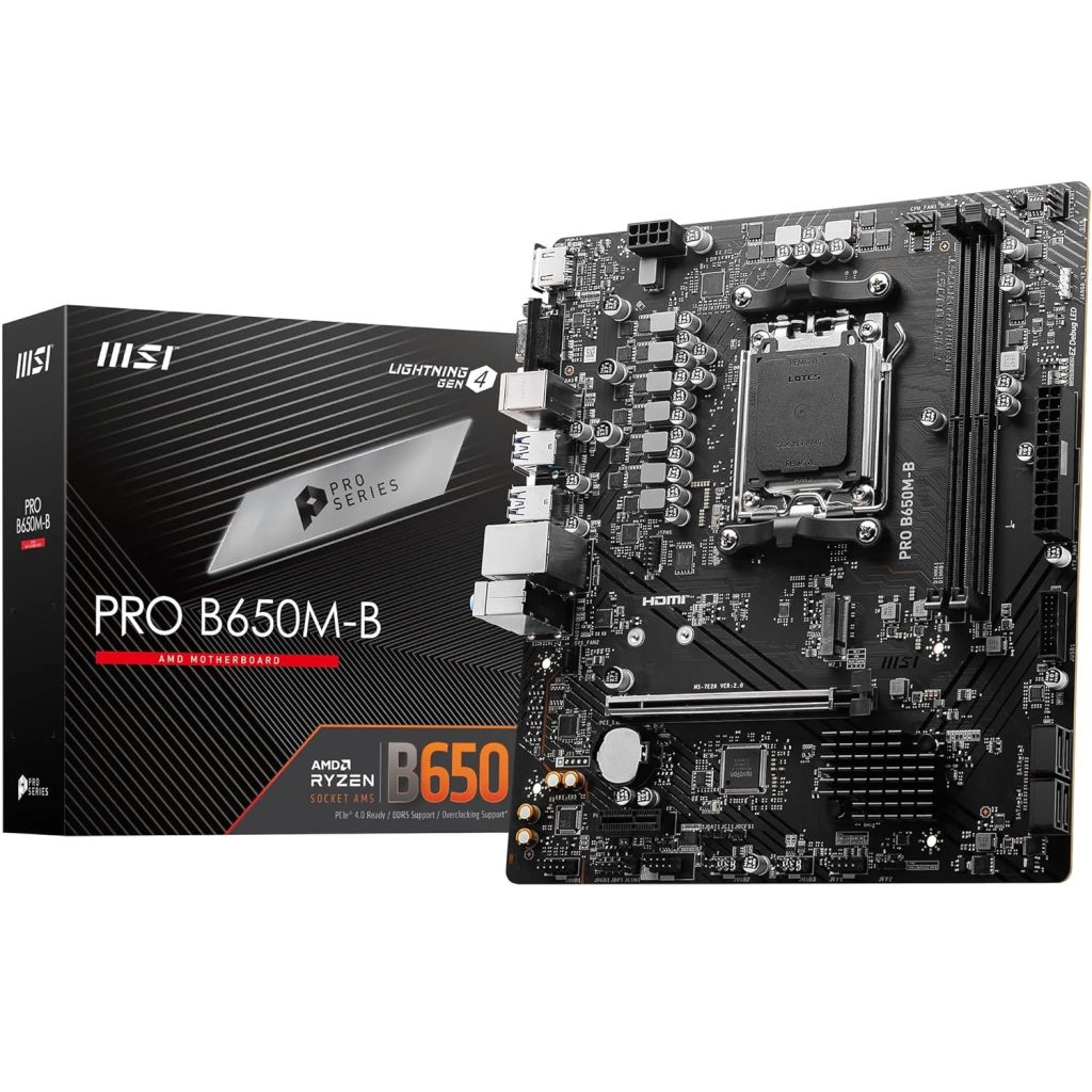 MSI PRO B650M-B Motherboard, Micro-ATX - Supports AMD Ryzen 7000 Series Processors, AM5 - DDR5 Memory Boost 6800+MHz/OC, 1 x PCIe 4.0 x16, 1 x M.2 Gen4, 2.5G LAN