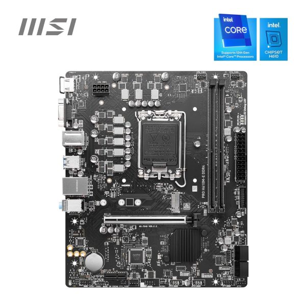 MSI PRO H610M-E DDR4 Motherboard, Micro-ATX - Supports Intel 12th Gen Core Processors, LGA 1700-2 x DIMMs (3200MHz), 1x PCIe 4.0 x16 Slot, 1 x M.2 Gen3, USB 3.2 Gen1, 1G LAN, HDMI 1.4 & VGA