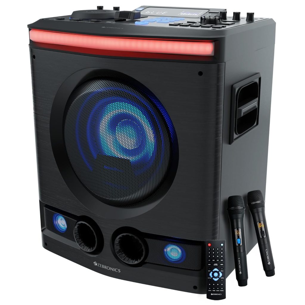 ZEBRONICS New Launch Thrum Party DJ Speaker, 230W, Karaoke, Dual Wireless UHF Mic, Supports Bluetooth, USB, Aux, Guitar Input, Dual 6.3mm Mic Input, Karaoke Maker, DJ BGM Effects, 3D EQ, Bass Booster