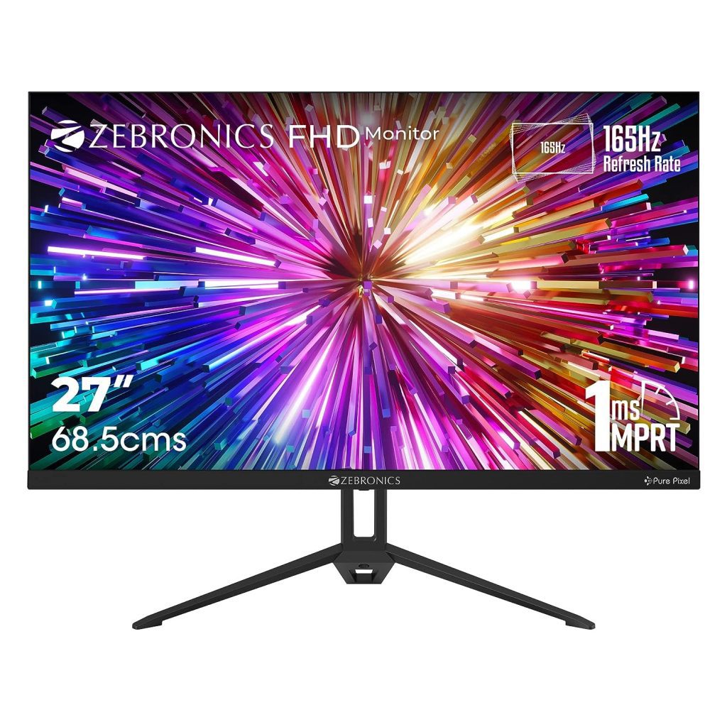 Zebronics 27 inch IPS Panel 165Hz Gaming Monitor with FHD 1080p, 1ms MPRT, HDR10, Free sync support, DP, 2x HDMI, 300 Nits max, 16.7M colors, Built-in speakers and Bezel less design ZEB-S27A