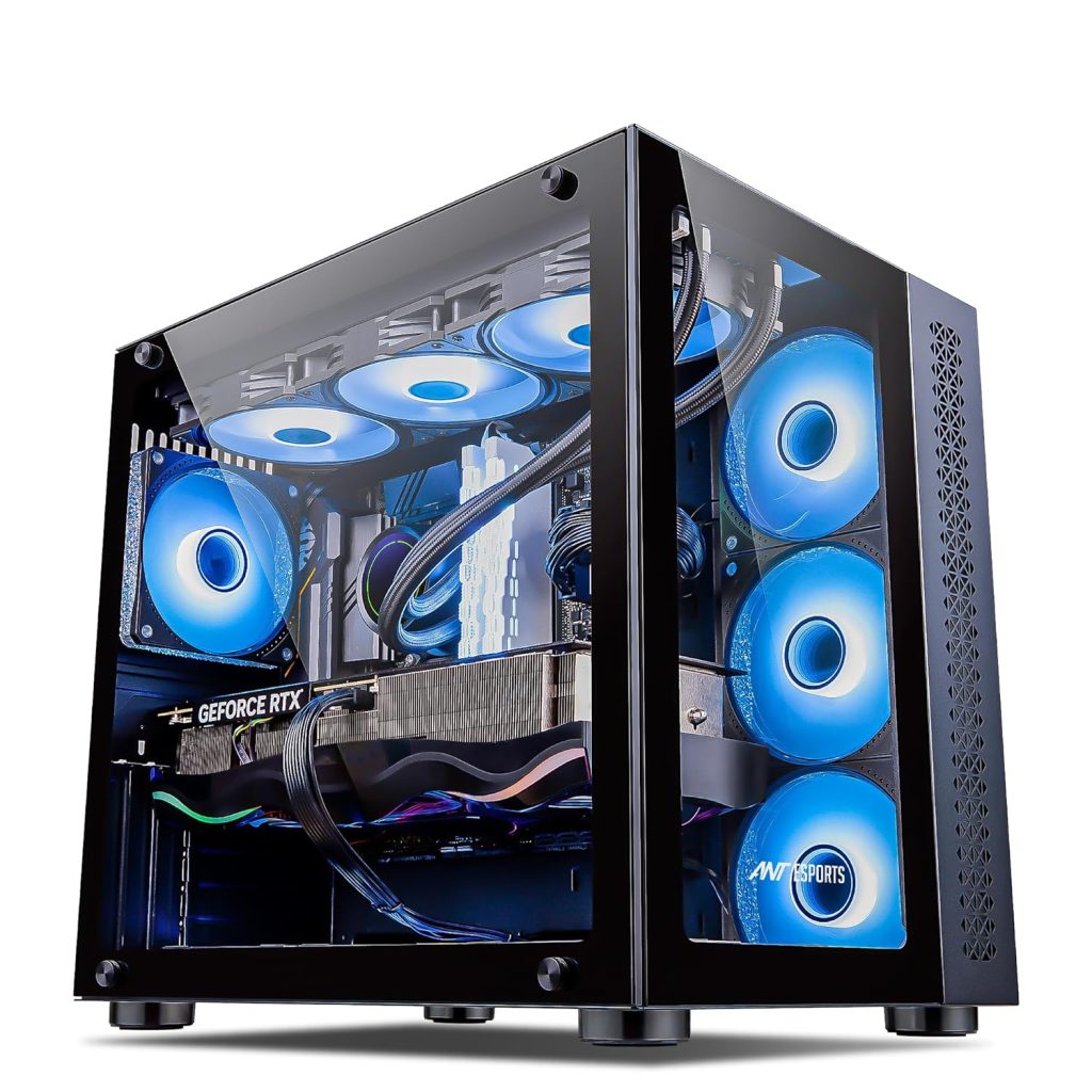 Ant Esports Crystal Mini-Tower Computer Case/Gaming Cabinet - Black | Support E-ATX, ATX, Micro-ATX, Mini-ITX | Pre-Installed 3 Side Fans and 1 Rear Fan