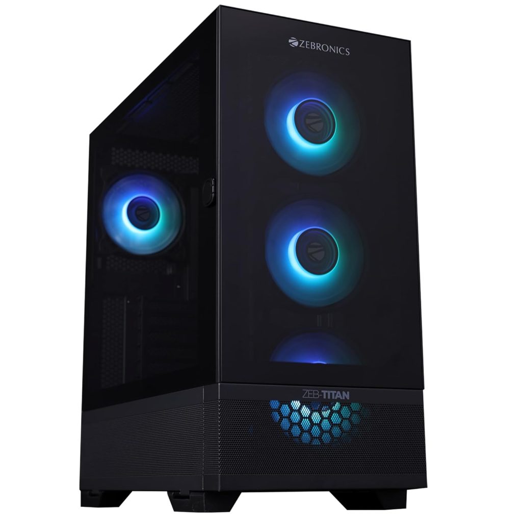 ZEBRONICS TITAN Full-Tower Premium Gaming Cabinet, ATX, 4 x ARGB Fan, LED Control Switch, Window Tempered Glass Panel, Type C, USB 3.0, 360mm Front/Top AIO Cooler support with Top & Bottom Dust Filter