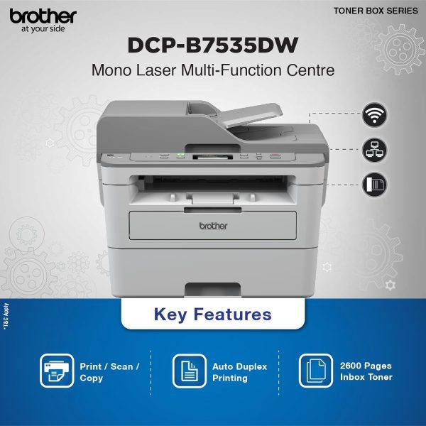 Brother DCP-B7535DW Automatic Duplex Laser Printer with 34 PPM Print Speed, Multifunction (Print Scan Copy), Automatic Document Feeder, (WiFi, WiFi Direct, LAN & USB), Free Installation