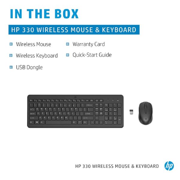 HP 330 Wireless Black Keyboard and Mouse Set with Numeric Keypad, 2.4GHz Wireless Connection and 1600 DPI, USB Receiver, LED Indicators, Black