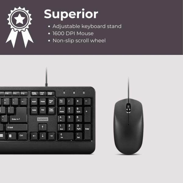 Lenovo 160 Keyboard & Mouse Wired Combo | Waterproof Exoskeleton | Splash Proof Keys | 1600 DPI Full Size Mouse | Non-Slip Scroll Wheel | Adjustable Keyboard Stand | 3 Yr Warranty