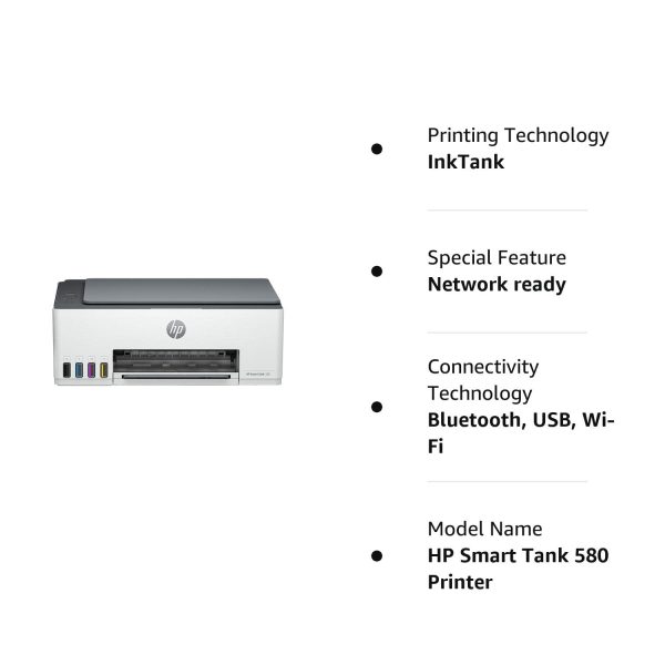 HP Smart Tank 580 AIO WiFi Colour Printer with 1 Extra Black Ink Bottle (Upto 12000 Black & 6000 Colour Prints) + 1 Year Extended Warranty with PHA coverage -Print, Scan & Copy