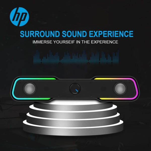 HP DHE-6002 Wired Speaker, 3.5mm aux connectivity, Surround sound, PC and phone compatible, Easy volume controls, Touch-controlled RGB lighting, 1-year warranty, 0.77 kg, Black, 8C573AA