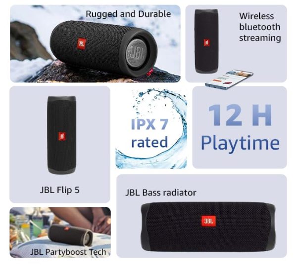 JBL Flip 5 Wireless Portable Bluetooth Speaker, Signature Sound with Powerful Bass Radiator, Vibrant Colors with Rugged Fabric Design, Party Boost, IPX7 Waterproof & Type C (without Mic, Blue)