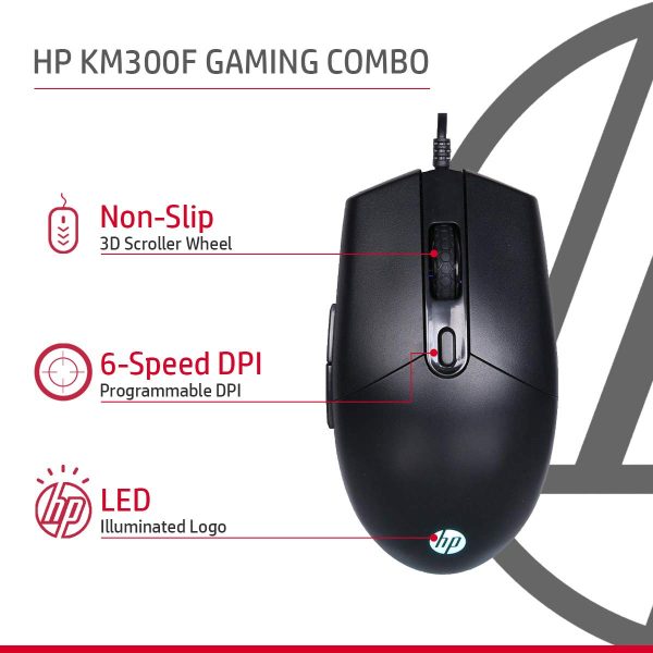 HP KM300F Wired USB Gaming Keyboard and Mouse Set, Membrane Backlit, 26 Keys Anti-Ghosting, 3 LED Indicators & 3D 6K USB Mouse with 6400DPI,Six-Speed Cyclic Resolution Switching, Black