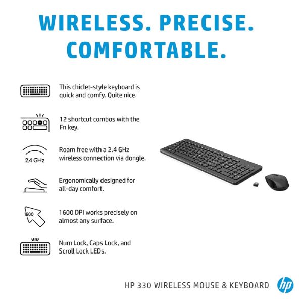 HP 330 Wireless Black Keyboard and Mouse Set with Numeric Keypad, 2.4GHz Wireless Connection and 1600 DPI, USB Receiver, LED Indicators, Black