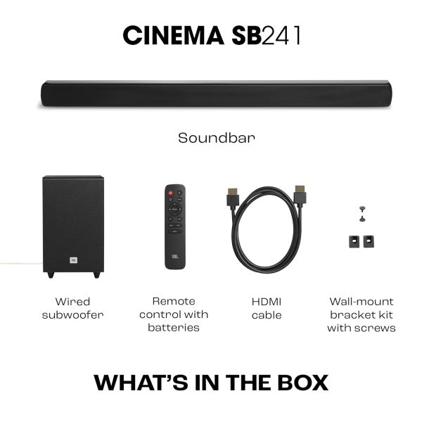 JBL Cinema SB241, Dolby Digital Soundbar with Wired Subwoofer for Extra Deep Bass, 2.1 Channel Home Theatre with Remote, HDMI ARC, Bluetooth & Optical Connectivity (110W)