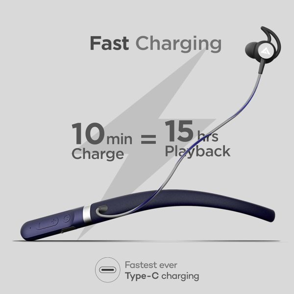 Boult Audio FCharge Bluetooth Earphones with 40H Playtime, Zen ENC Mic, Dual Device Connectivity, Type C Fast Charging (10Mins=15Hrs), 14.2mm Bass Driver, Made in India, IPX5 Silicon Neckband (Blue)