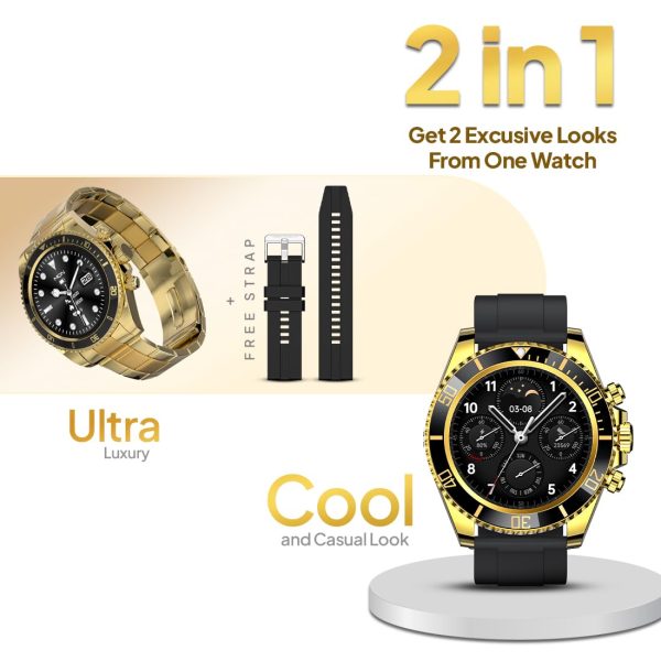 Fire-Boltt Avalanche Stainless Steel Smart Watch with Free Silicone Strap, 2 Watch Looks - Sporty & Fomal, Bluetooth Calling with 1.28” HD Display, 2 Button Pushers (Gold Black)