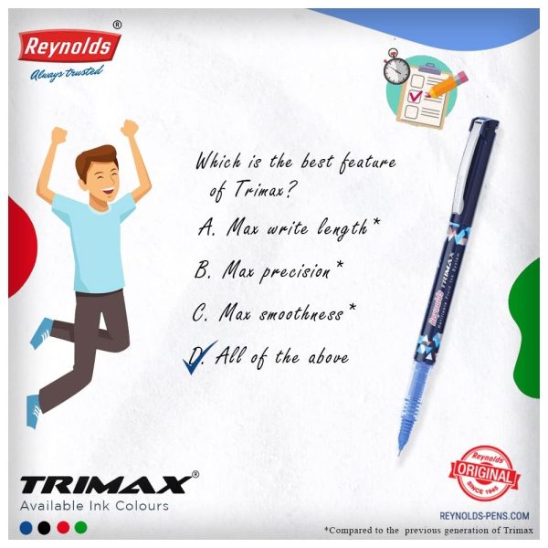 Reynolds TRIMAX RollerBall Pen SET - 5 PENS BLUE | ROLLER BALL PEN FOR WRITING | PEN FOR STUDENTS & OFFICE STATIONERY | 0.5 mm TIP SIZE