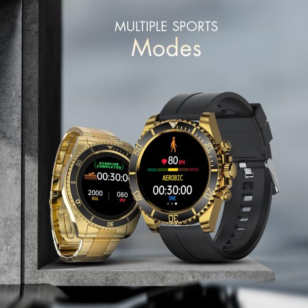 Fire-Boltt Avalanche Stainless Steel Smart Watch with Free Silicone Strap, 2 Watch Looks - Sporty & Fomal, Bluetooth Calling with 1.28” HD Display, 2 Button Pushers (Gold Black)