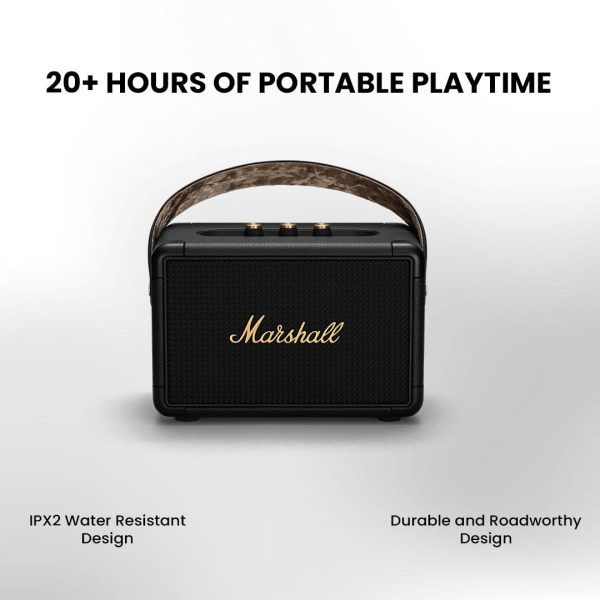 Marshall Kilburn II Portable Bluetooth Speaker with 20+ hours of portable playtime, (360° sound), Water-Resistant (IPX2) – Black & Brass.