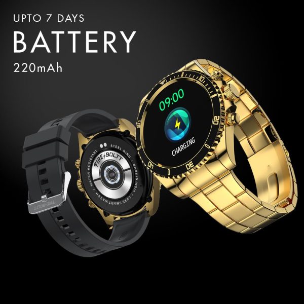 Fire-Boltt Avalanche Stainless Steel Smart Watch with Free Silicone Strap, 2 Watch Looks - Sporty & Fomal, Bluetooth Calling with 1.28” HD Display, 2 Button Pushers (Gold Black)