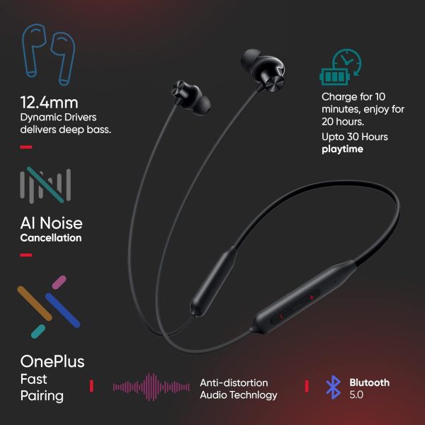 Oneplus Bullets Z2 Bluetooth Wireless in Ear Earphones with Mic, Bombastic Bass - 12.4 mm Drivers, 10 Mins Charge - 20 Hrs Music, 30 Hrs Battery Life, IP55 Dust and Water Resistant (Magico Black)