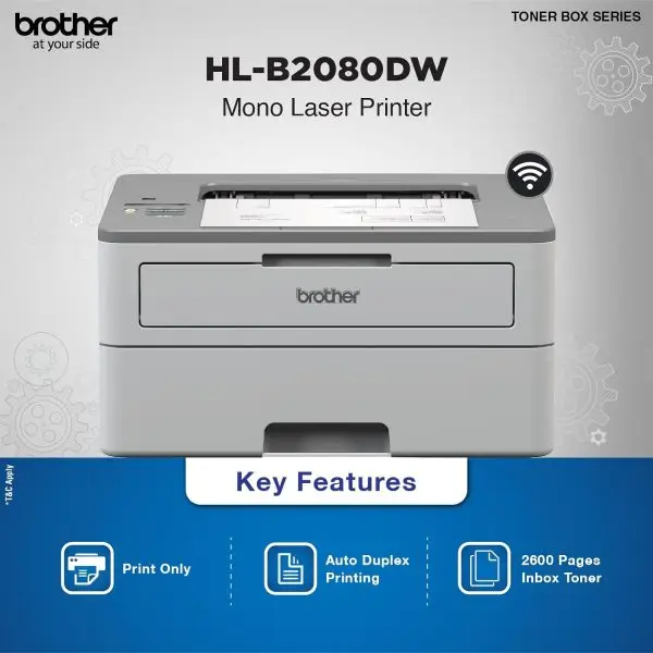 Roll over image to zoom in Brother HL-B2080DW Automatic Duplex Laser Printer with 34 Pages Per Minute Print Speed, 64 MB Memory, Large 250 Sheet Paper Tray, (WIFI, WIFI Direct, LAN & USB) Connectivity, Free Installation