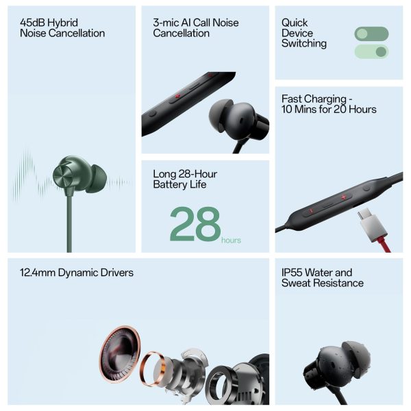 OnePlus Bullets Wireless Z2 ANC Bluetooth in Ear Earphones with Mic, 45dB Hybrid ANC, Bombastic Bass - 12.4 mm Drivers, 10 Mins Charge - 20 Hrs Music, 28 Hrs Battery (Grand Green)