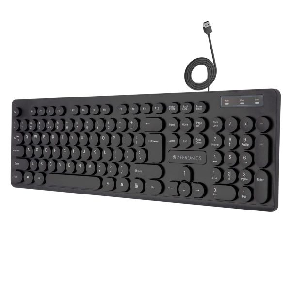 ZEBRONICS K24 USB Keyboard with Long Life 8 Million Keystrokes, Silent & Comfortable Use, Slim Design, Retractable Stand, 1.3 Meter Textured Cable, Chiclet Keys and Uv Coated Keycaps