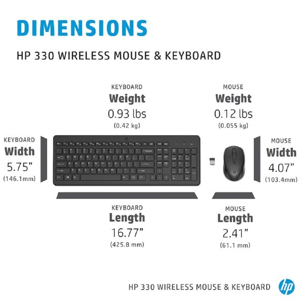 HP 330 Wireless Black Keyboard and Mouse Set with Numeric Keypad, 2.4GHz Wireless Connection and 1600 DPI, USB Receiver, LED Indicators, Black