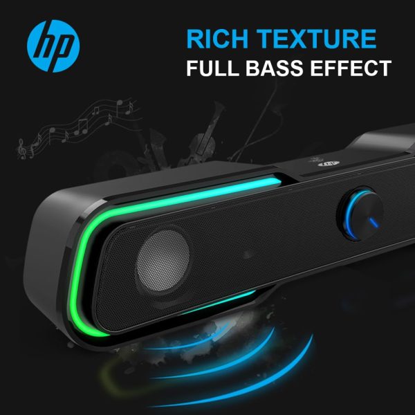 HP DHE-6002 Wired Speaker, 3.5mm aux connectivity, Surround sound, PC and phone compatible, Easy volume controls, Touch-controlled RGB lighting, 1-year warranty, 0.77 kg, Black, 8C573AA