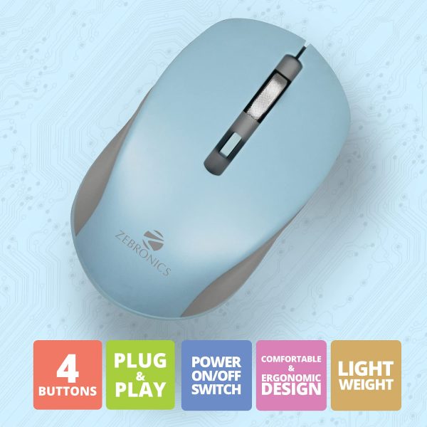 ZEBRONICS Zeb-Jaguar Wireless Mouse, 2.4GHz with USB Nano Receiver, High Precision Optical Tracking, 4 Buttons, Plug & Play, Ambidextrous, for PC/Mac/Laptop (LIGHT BLUE+GREY)