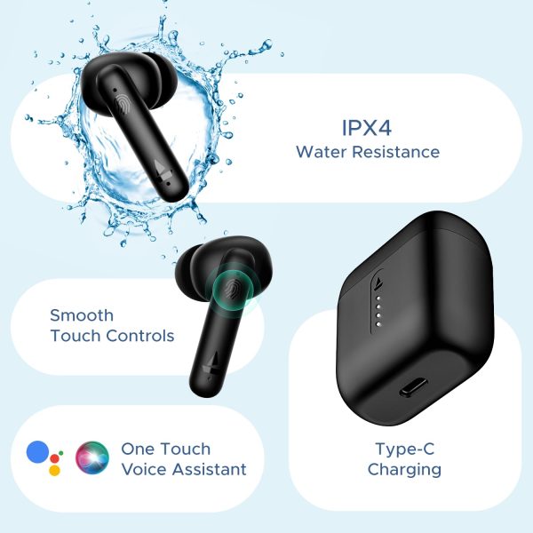 boAt Airdopes 141 Bluetooth TWS Earbuds with 42H Playtime,Low Latency Mode for Gaming, ENx Tech, IWP, IPX4 Water Resistance, Smooth Touch Controls(Bold Black), in Ear