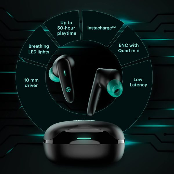 Noise Buds VS402 in-Ear Truly Wireless Earbuds with 50H of Playtime, Low Latency, Quad Mic with ENC, Instacharge(10 min=120 min),10mm Driver, BT v5.3, Breathing LED Lights (Neon Black)