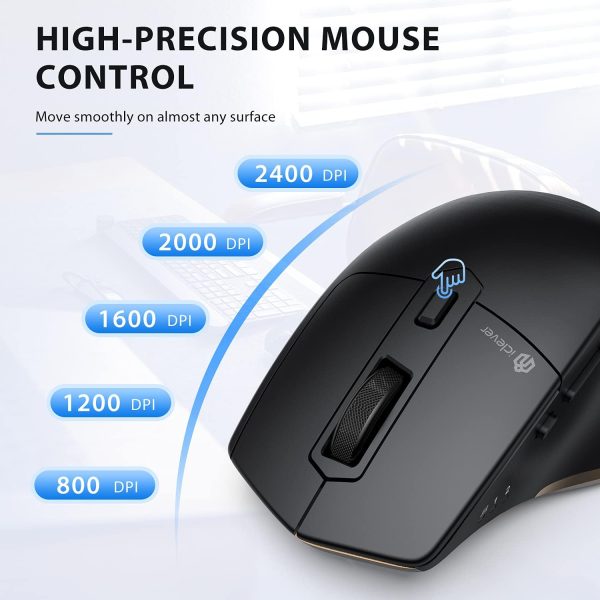 iClever Bluetooth Mouse MD172, Wireless Mouse Dual Mode(Bluetooth+USB), Multi-Devices Ergonomic Mouse with 5 Adjustable DPI and 7 Buttons, Rechargeable Silent Mice for Laptop/iPad/MacBook/Tablet/PC