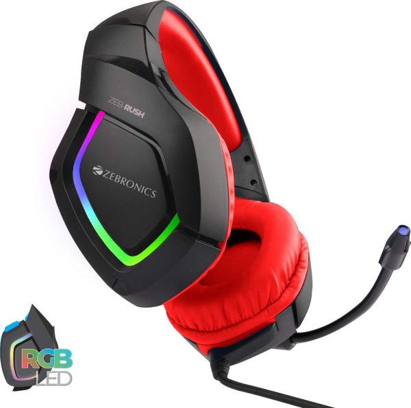 Zebronics ZEB-RUSH (Red) Premium Wired Gaming On Ear Headphone with RGB LEDs, Dual 3.5mm Jack, Converter Pin, Cushion Headband, Volume Controller, Adjustable Mic, 40mm Neodymium Drivers