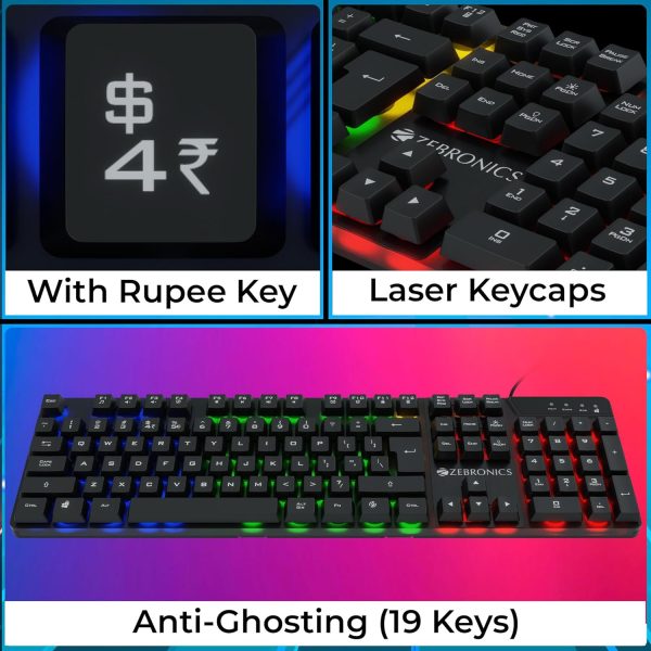 Zebronics War-K Gaming Keyboard with 104 Keys,Multi Color LED,1.8m Braided Cable, Gold Plated USB,Laser Keycaps, Anti-Ghosting 19 Keys,2 Step Stand,12 Integrated Multimedia Keys (Black)