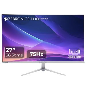 ZEBRONICS A27FHD LED Monitor, 27 inch (68.58cm), 250 nits, 75hz, Slim Design, FHD, 1080p, Wall Mountable, VGA, HDMI, Ultra Slim Bezel, Metal Stand, Built-in Speakers, Widescreen Monitor