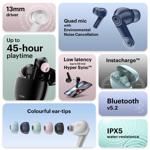 Noise Buds VS104 Truly Wireless Earbuds with 45H of Playtime, Quad Mic with ENC, Instacharge(10 min=200 min), 13mm Driver,Low Latency, BT v5.2 (Charcoal Black)